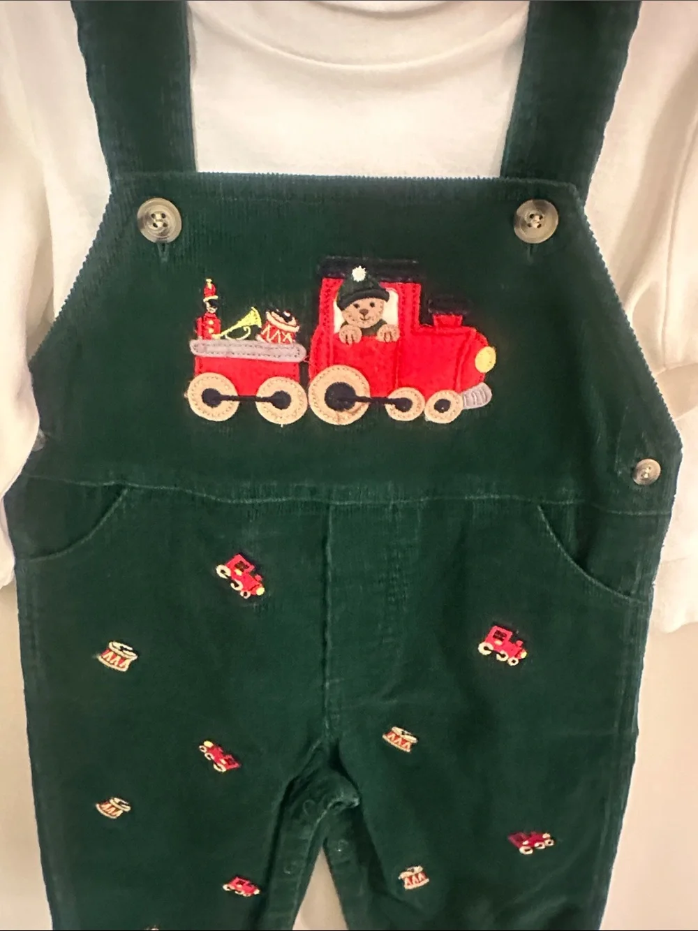 Good Lad of Philadelphia Green Corduroy Overalls with Reindeer Bib and White Tee